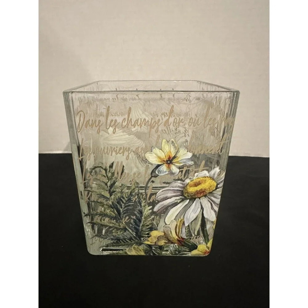 Teleflora Floral Square Glass Vase Cube Bee & French Script Design 4” Decorativ